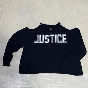 Justice Active Sz 20 blk cold shoulder sweatshirt w wht JUSTICE graphic